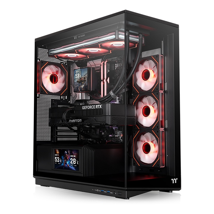 Schwarzes Stage 450 TG ARGB PC-Gehäuse mit Tempered Glass, beleuchteten Infinity-Lüftern und integriertem Display-Modul.