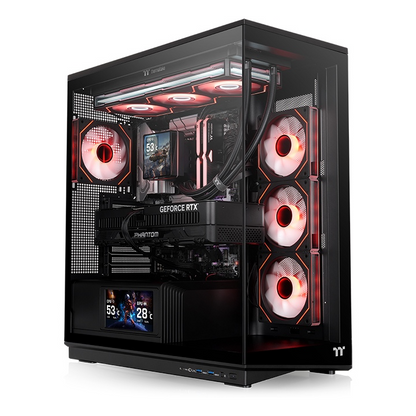 Schwarzes Stage 450 TG ARGB PC-Gehäuse mit Tempered Glass, beleuchteten Infinity-Lüftern und integriertem Display-Modul.