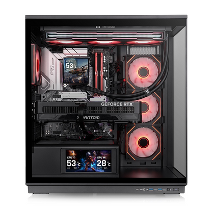 Schwarzes Stage 450 TG ARGB PC-Gehäuse mit Tempered Glass, integriertem Display und beleuchteten Infinity-Lüftern.