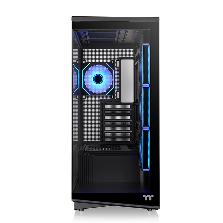 Schwarzes Stage 450 TG ARGB PC-Gehäuse mit Tempered-Glass-Panels und beleuchteten Infinity-Lüftern in der Frontansicht.