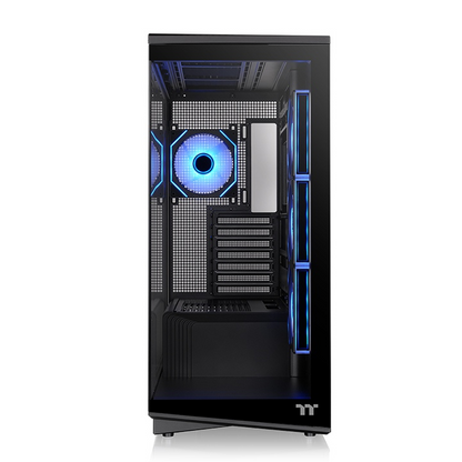 Schwarzes Stage 450 TG ARGB PC-Gehäuse mit Tempered-Glass-Panels und beleuchteten Infinity-Lüftern in der Frontansicht.