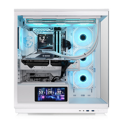Weißes Stage 450 TG ARGB PC-Gehäuse mit Tempered Glass, Infinity-Lüftern, Display-Stage und moderner Hardware-Beleuchtung.