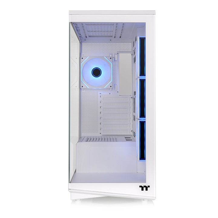 Weißes Stage 450 TG ARGB PC-Gehäuse mit Tempered-Glass-Panels und beleuchteten Infinity-Lüftern für Showcase-Design.