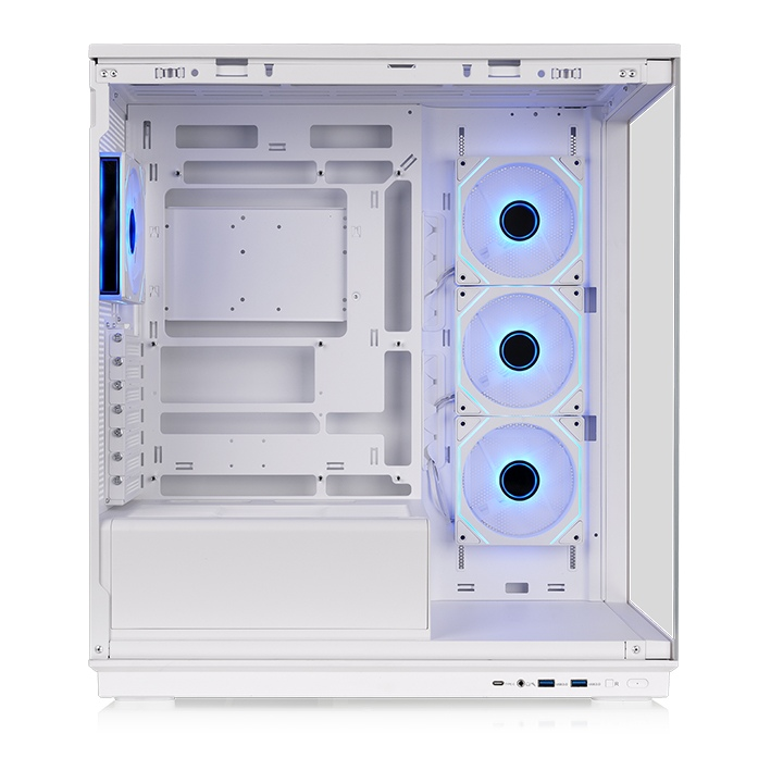 Weißes Stage 450 TG ARGB PC-Gehäuse mit Tempered Glass, vier Infinity-Lüftern und Unterstützung für Hidden-Connector-Mainboards.