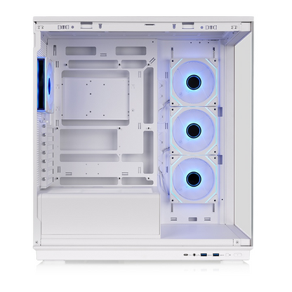 Weißes Stage 450 TG ARGB PC-Gehäuse mit Tempered Glass, vier Infinity-Lüftern und Unterstützung für Hidden-Connector-Mainboards.