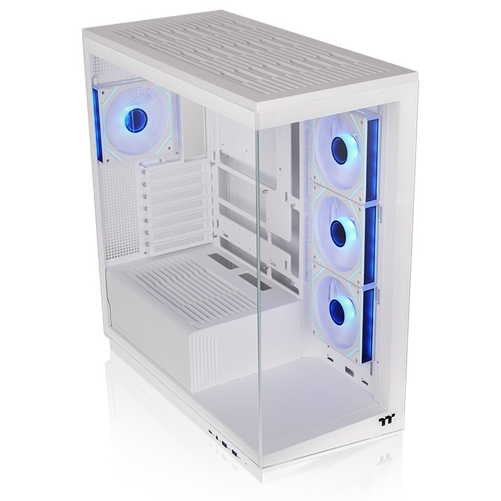 Weißes Stage 450 TG ARGB PC-Gehäuse mit zwei Tempered-Glass-Panels und vier vorinstallierten Infinity-ARGB-Lüftern.
