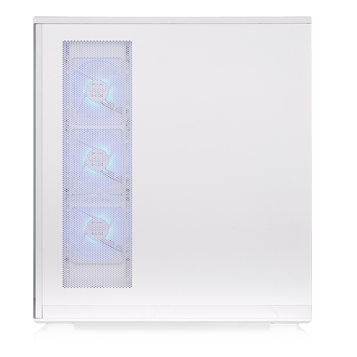 Weißes Stage 450 TG ARGB Snow PC-Gehäuse mit Mesh-Front und drei beleuchteten Infinity-ARGB-Lüftern.