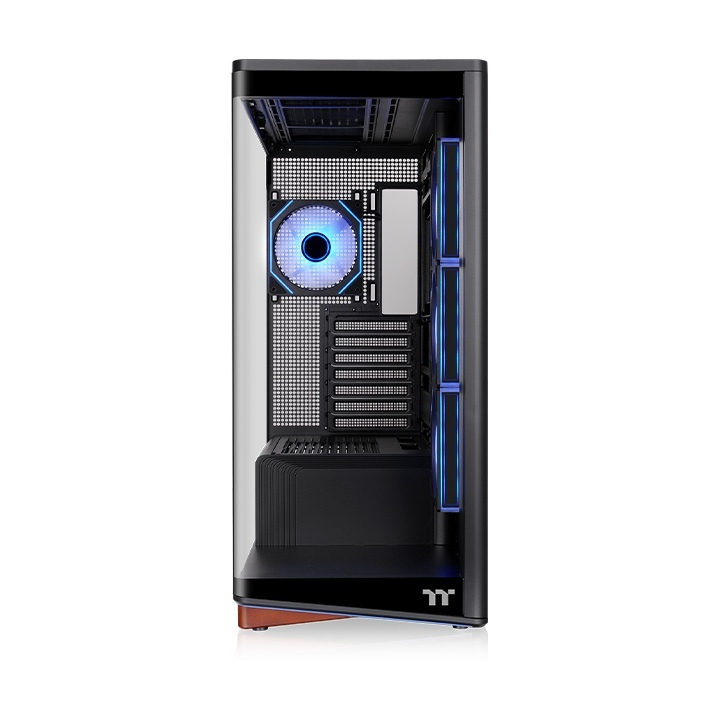 Schwarzes Stage 500 TG ARGB Gehäuse mit gebogenem Glas, Holz-Basis und beleuchteten Infinity-Lüftern.