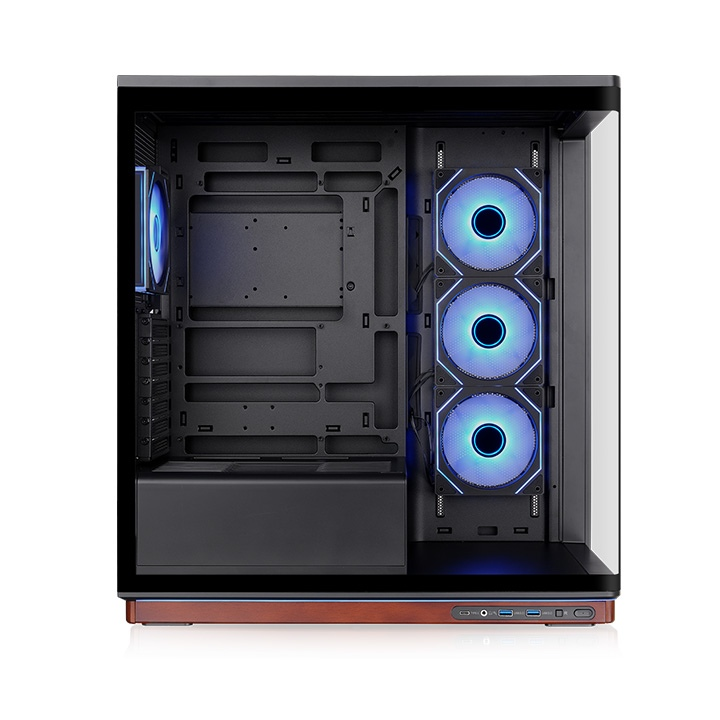 Stage 500 TG ARGB Mid-Tower mit gebogenem Glas, Holz-Basis und drei beleuchteten Infinity-Lüftern in Schwarz.
