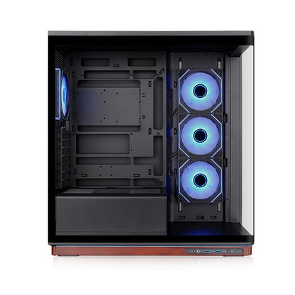 Stage 500 TG ARGB Mid-Tower mit gebogenem Glas, Holz-Basis und drei beleuchteten Infinity-Lüftern in Schwarz.