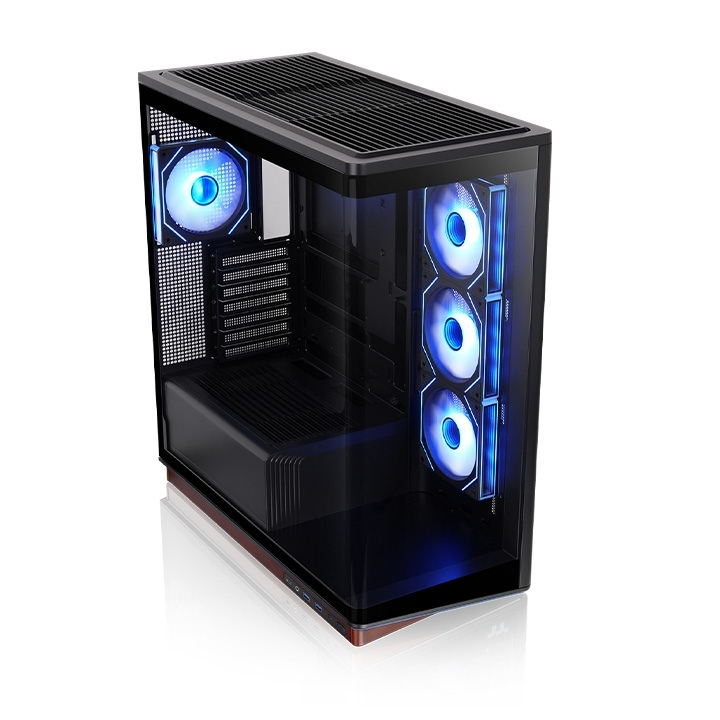Schwarzes Stage 500 TG ARGB Mid-Tower-Gehäuse mit gebogenem Glas, Holz-Basis und vier beleuchteten Infinity-Lüftern.
