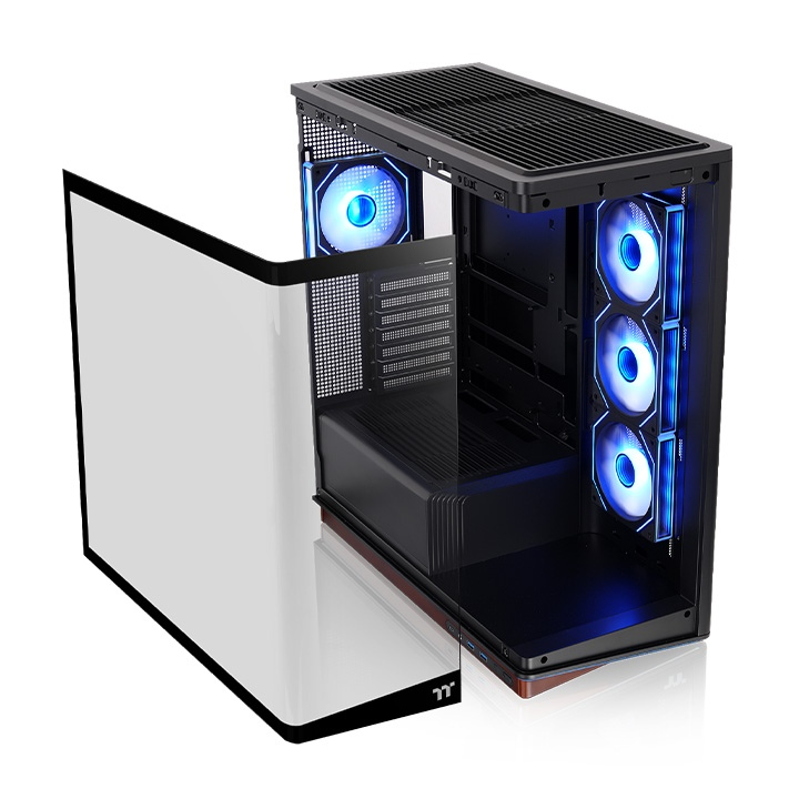 Schwarzes Stage 500 TG ARGB Mid-Tower-Gehäuse mit gebogenem Glaspanel, Holz-Basis und beleuchteten Infinity-Lüftern.