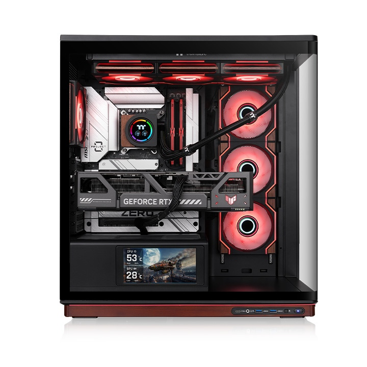 Schwarzes Stage 500 TG ARGB Gehäuse mit gebogenem Glas, Display-Stage, Holz-Basis und beleuchteten Infinity-Lüftern.