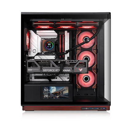 Schwarzes Stage 500 TG ARGB Gehäuse mit gebogenem Glas, Display-Stage, Holz-Basis und beleuchteten Infinity-Lüftern.