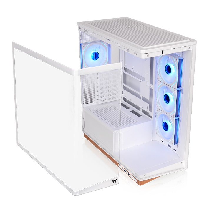 Weißes Stage 500 TG ARGB PC-Gehäuse mit gebogenem Glas-Panel, Holz-Basis und beleuchteten Infinity-Lüftern.