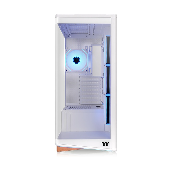 Weißes Stage 500 TG ARGB PC-Gehäuse mit gebogenem Glas, Holz-Basis und beleuchteten Infinity-Lüftern.