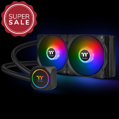 Thermaltake TH240 ARGB Wasserkühlung mit 240-mm-Radiator, zwei beleuchteten 120-mm-Lüftern und schwarzem Pumpengehäuse.