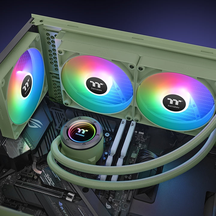 Die TH280 V2 ARGB in der Farbe Matcha Green ist eine All-in-on Wasserkühlung für PC Gehaeuse (Tower).