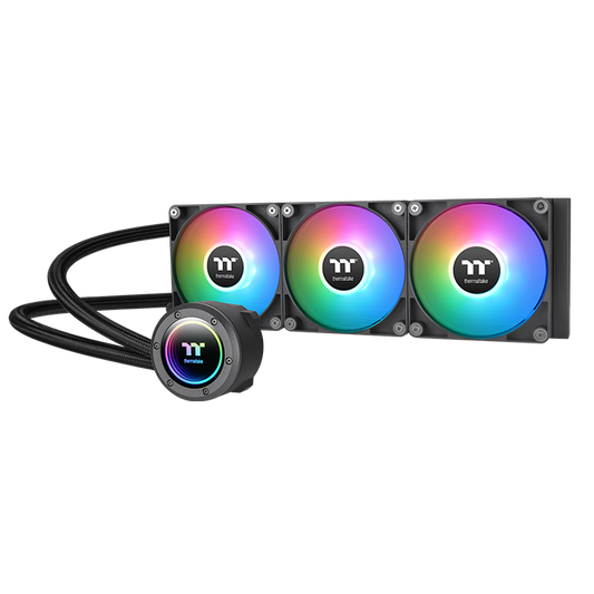 Die TH360 V2 ARGB Black AIO Wasserkühlung hat 3xCT120 Gehäuselüfter (25,8 dB-A) und einen Wasserblock mit Infinity Mirror Light Design.