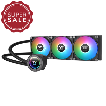 Die TH360 V2 ARGB Black AIO Wasserkühlung hat 3xCT120 Gehäuselüfter (25,8 dB-A) und einen Wasserblock mit Infinity Mirror Light Design.