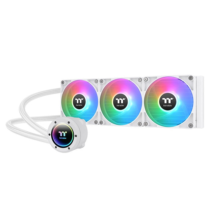 Die TH360 V2 ARGB Snow White AIO Wasserkühlung hat 3xCT120 Gehäuselüfter (25,8 dB-A)  und einen Wasserblock mit Infinity Mirror Light Design.