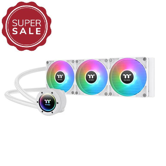 Die TH360 V2 ARGB Snow White AIO Wasserkühlung hat 3xCT120 Gehäuselüfter (25,8 dB-A)  und einen Wasserblock mit Infinity Mirror Light Design.
