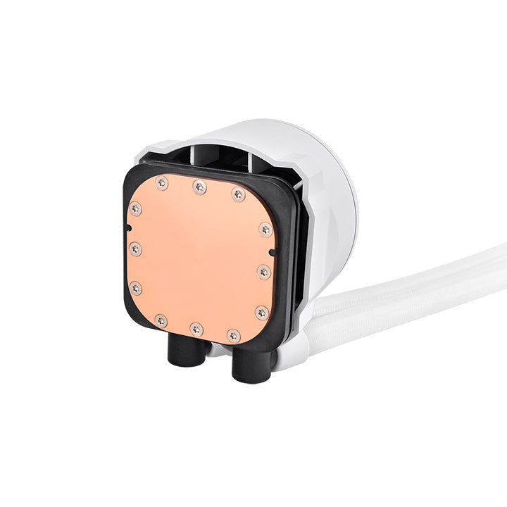 Die TH360 V2 ARGB Snow White AIO Wasserkühlung hat 3xCT120 Gehäuselüfter (25,8 dB-A)  und einen Wasserblock mit Infinity Mirror Light Design.