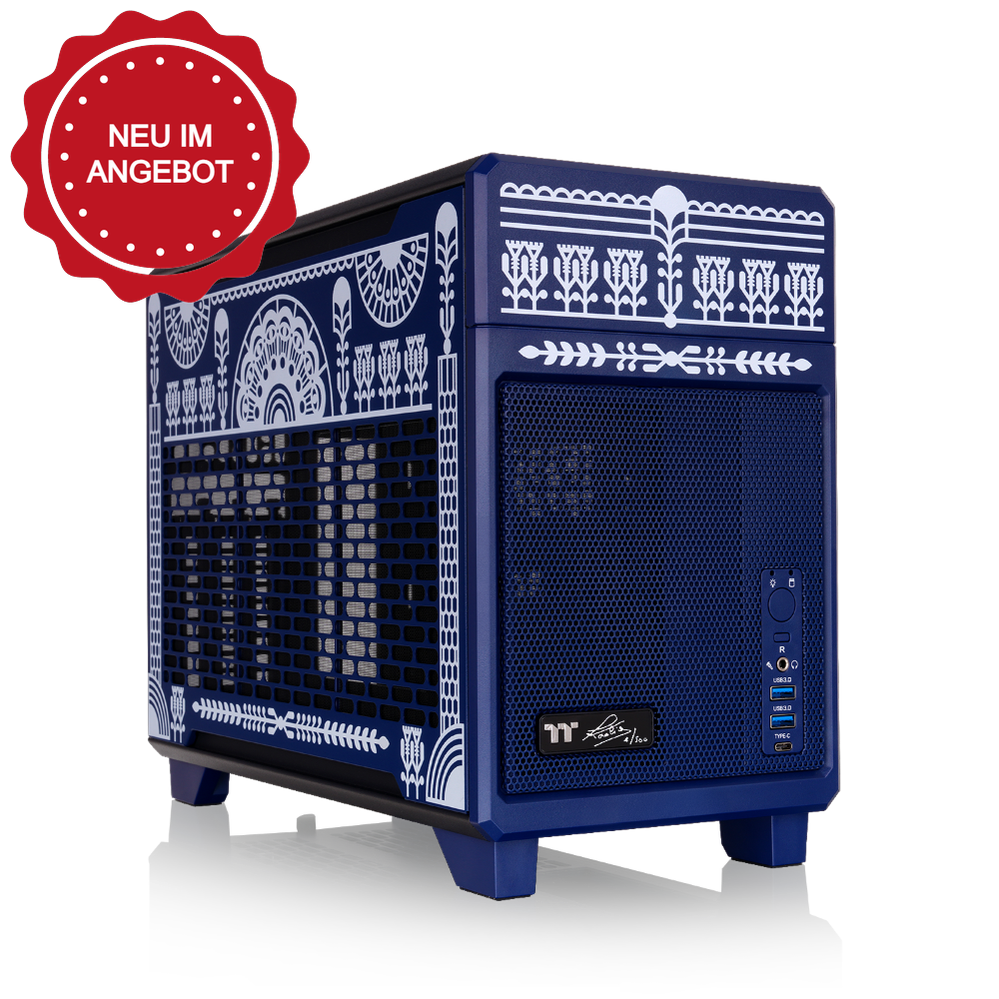 Das TR100 in der Koralie Edition in der Farbe Cobalt Blue ist ein Mini-ITX PC Gehäuse designt von der französischen Künstlerin Koralie.