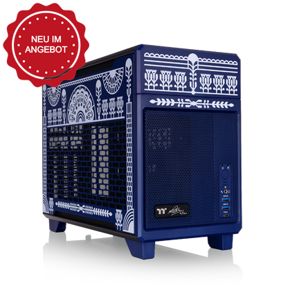 Das TR100 in der Koralie Edition in der Farbe Cobalt Blue ist ein Mini-ITX PC Gehäuse designt von der französischen Künstlerin Koralie.