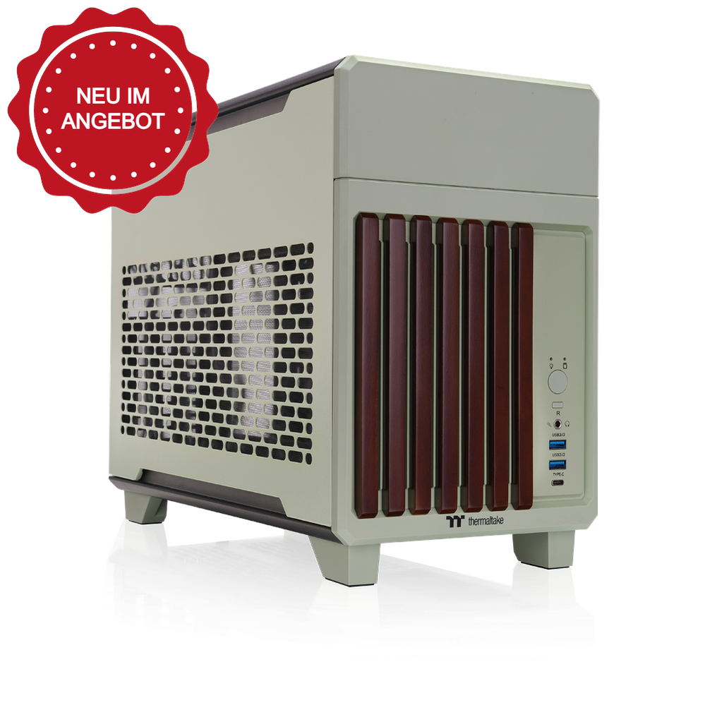 Das TR100 WS ITX PC-Gehäuse in der Farbe Matcha Green besticht durch seine edele Holzoptik, das Dual-Chamber-Designs und Optionales 3,9" LCD.