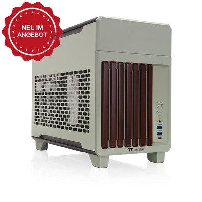 Das TR100 WS ITX PC-Gehäuse in der Farbe Matcha Green besticht durch seine edele Holzoptik, das Dual-Chamber-Designs und Optionales 3,9" LCD.