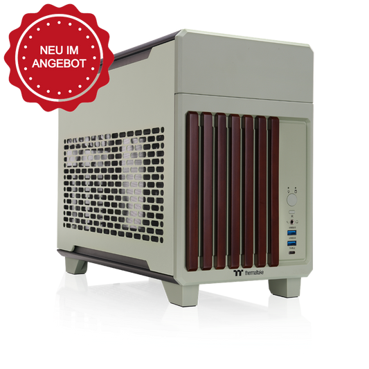 Das TR100 WS ITX PC-Gehäuse in der Farbe Matcha Green besticht durch seine edele Holzoptik, das Dual-Chamber-Designs und Optionales 3,9" LCD.