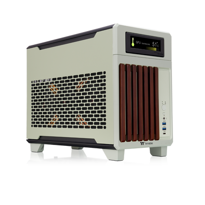 Das TR100 WS ITX PC-Gehäuse in der Farbe Matcha Green besticht durch seine edele Holzoptik, das Dual-Chamber-Designs und Optionales 3,9" LCD.