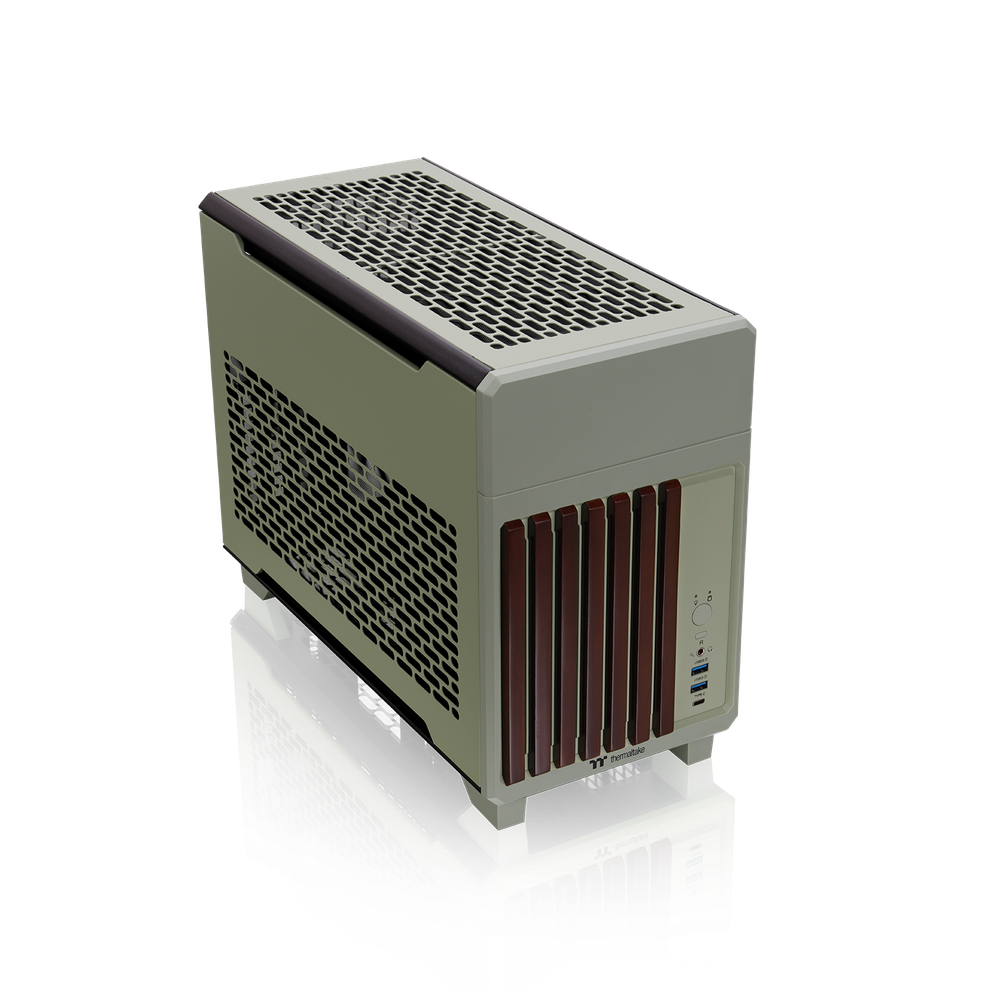 Das TR100 WS ITX PC-Gehäuse in der Farbe Matcha Green besticht durch seine edele Holzoptik, das Dual-Chamber-Designs und Optionales 3,9" LCD.