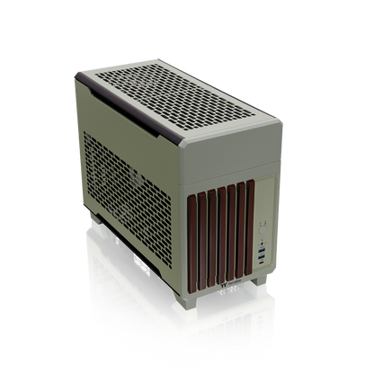 Das TR100 WS ITX PC-Gehäuse in der Farbe Matcha Green besticht durch seine edele Holzoptik, das Dual-Chamber-Designs und Optionales 3,9" LCD.