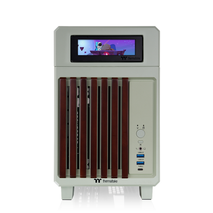 Das TR100 WS ITX PC-Gehäuse in der Farbe Matcha Green besticht durch seine edele Holzoptik, das Dual-Chamber-Designs und Optionales 3,9" LCD.