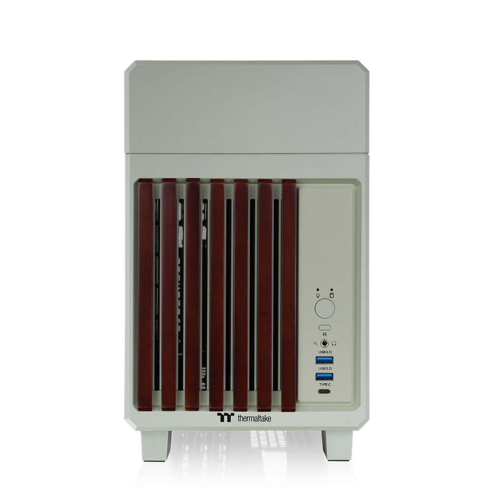 Das TR100 WS ITX PC-Gehäuse in der Farbe Matcha Green besticht durch seine edele Holzoptik, das Dual-Chamber-Designs und Optionales 3,9" LCD.