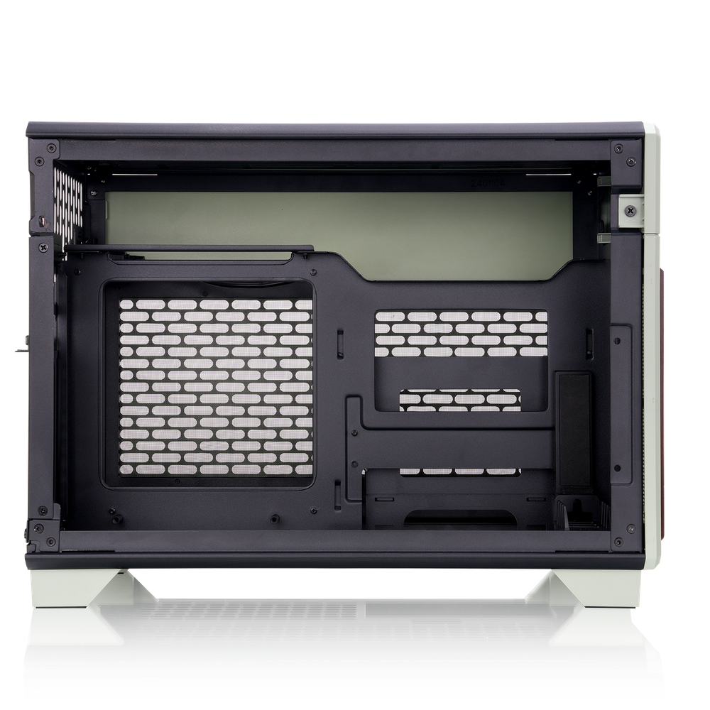 Das TR100 WS ITX PC-Gehäuse in der Farbe Matcha Green besticht durch seine edele Holzoptik, das Dual-Chamber-Designs und Optionales 3,9" LCD.