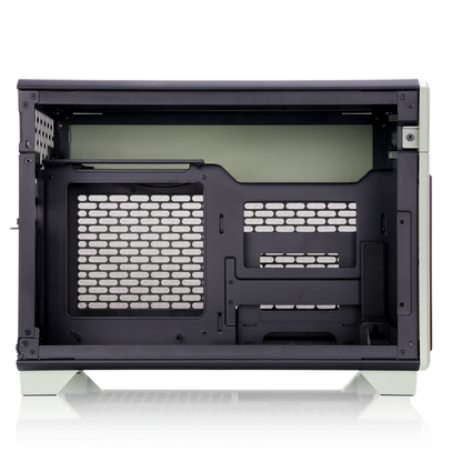 Das TR100 WS ITX PC-Gehäuse in der Farbe Matcha Green besticht durch seine edele Holzoptik, das Dual-Chamber-Designs und Optionales 3,9" LCD.