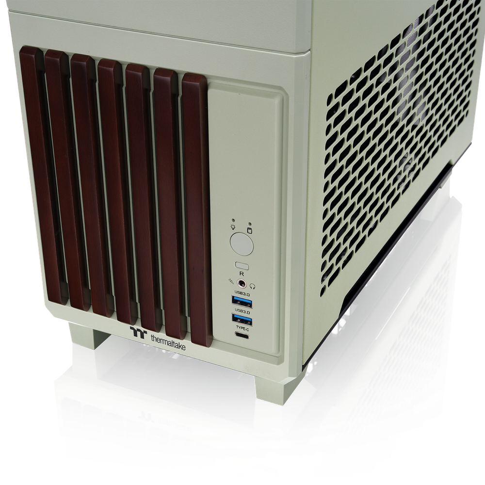Das TR100 WS ITX PC-Gehäuse in der Farbe Matcha Green besticht durch seine edele Holzoptik, das Dual-Chamber-Designs und Optionales 3,9" LCD.