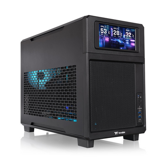 Micro-ATX Gaming-PC-Gehäuse in Schwarz mit Mesh-Front, Seitenfenster und schlichtem Design für leistungsstarke PC-Systeme und Custom-Builds.