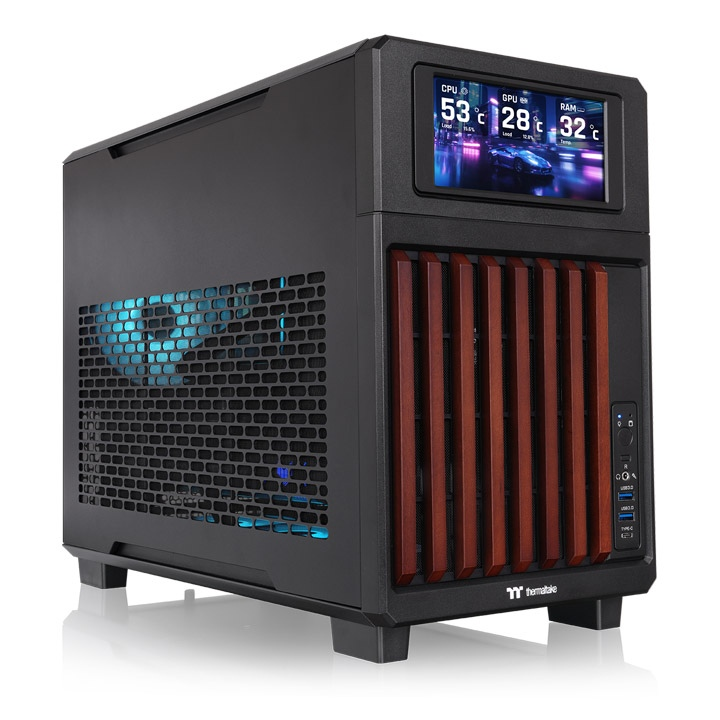 Schwarzes Micro-ATX PC-Gehäuse mit eleganten Holzakzenten, Mesh-Front und modernem Design für Gaming-PCs, Workstations und Custom-Builds.