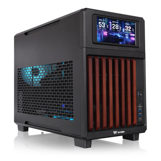 Schwarzes Micro-ATX PC-Gehäuse mit eleganten Holzakzenten, Mesh-Front und modernem Design für Gaming-PCs, Workstations und Custom-Builds.