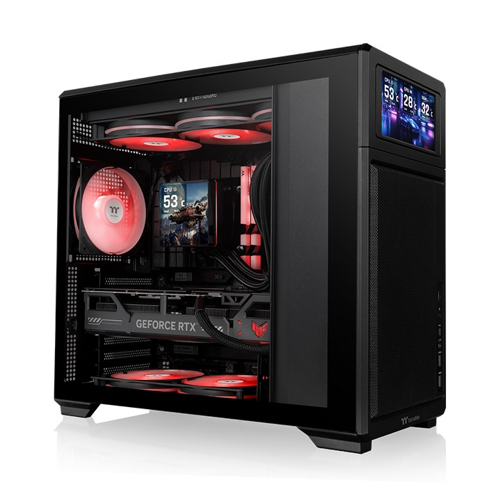 Entdecke das neue TR300 TG ATX Midi PC Gehäuse Black mit stilvollen TG Panel mit optionales 6,0-Zoll-LCD-Bildschirm-Kit