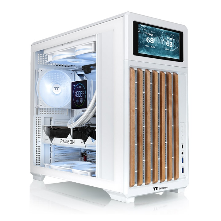 Entdecke das neue TR300 WS ATX Midi PC Gehäuse Snow White mit stilvollen Holzelementen mit optionales 6,0-Zoll-LCD-Bildschirm-Kit