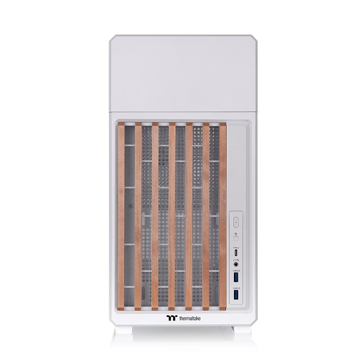 Entdecke das neue TR300 WS ATX Midi PC Gehäuse Snow White mit stilvollen Holzelementen mit optionales 6,0-Zoll-LCD-Bildschirm-Kit