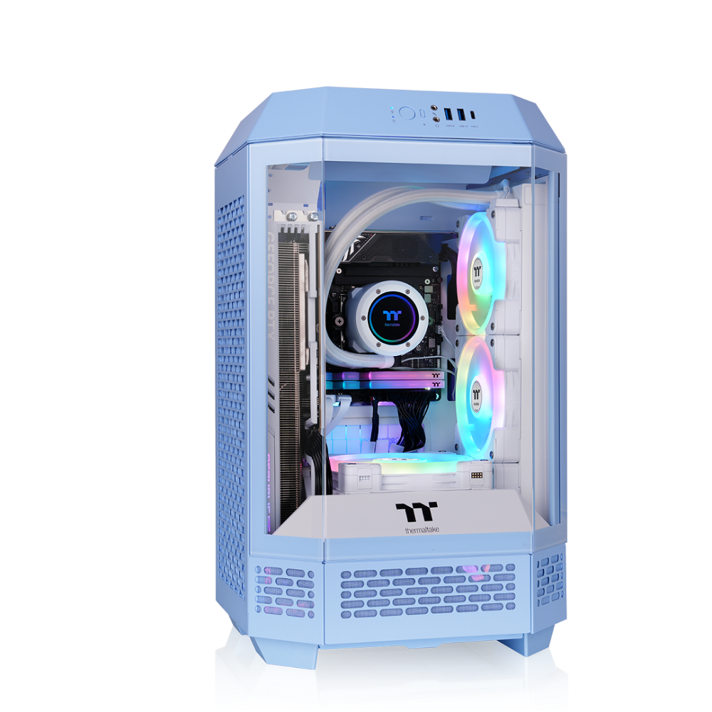 Das The Tower 250 Hydrangea Blue im vertikalen Gehäusedesign ist ein Micro ATX PC Gehäuse. 