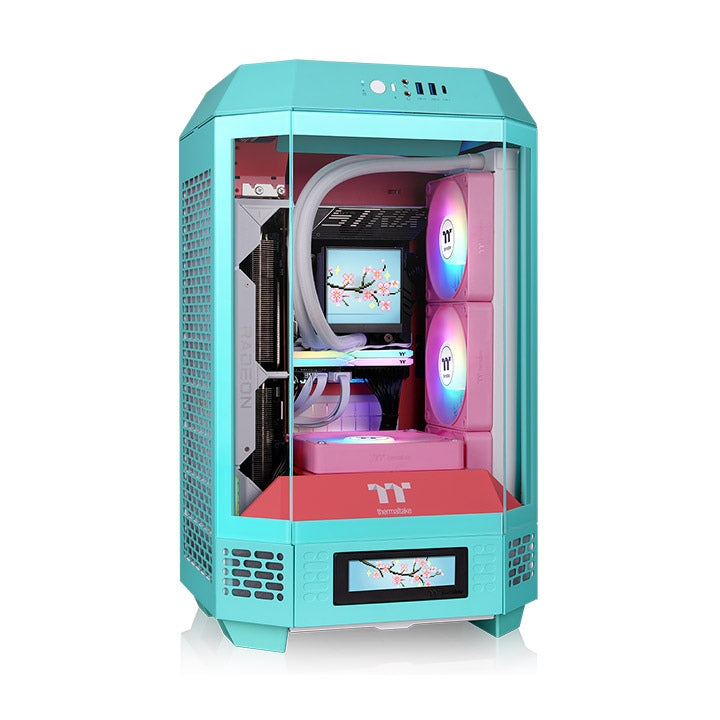 Das The Tower 250 Mint Strawberry im vertikalen Gehäusedesign ist ein Micro ATX PC Gehäuse. Farbe: turquoise, cyan red