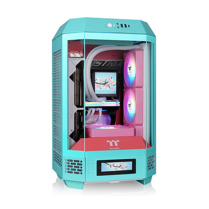 Das The Tower 250 Mint Strawberry im vertikalen Gehäusedesign ist ein Micro ATX PC Gehäuse. Farbe: turquoise, cyan red