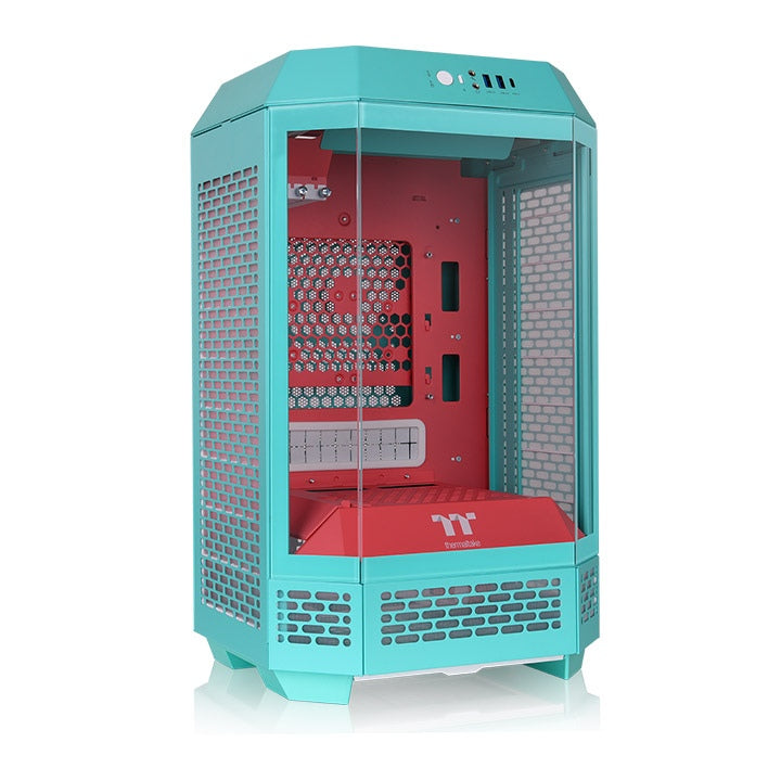 Das The Tower 250 Mint Strawberry im vertikalen Gehäusedesign ist ein Micro ATX PC Gehäuse. Farbe: turquoise, cyan red